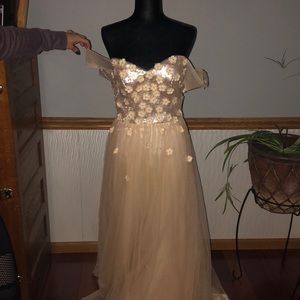 Lala Mira off shoulder champagne prom dress
